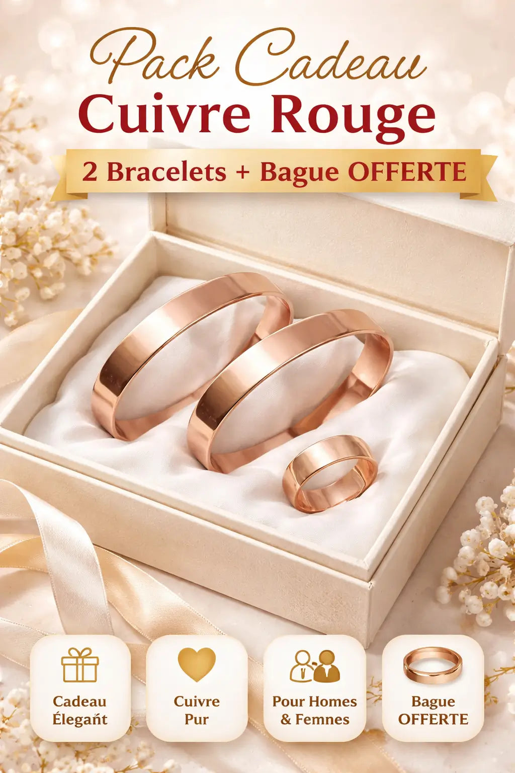 Pack Cadeau Cuivre Rouge – 2 Bracelets + Bague Offerte